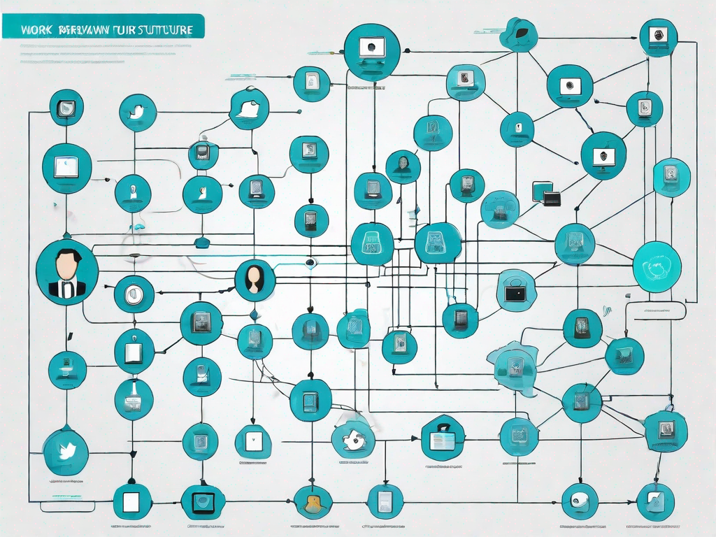 A work breakdown structure diagram with various social media icons as its elements