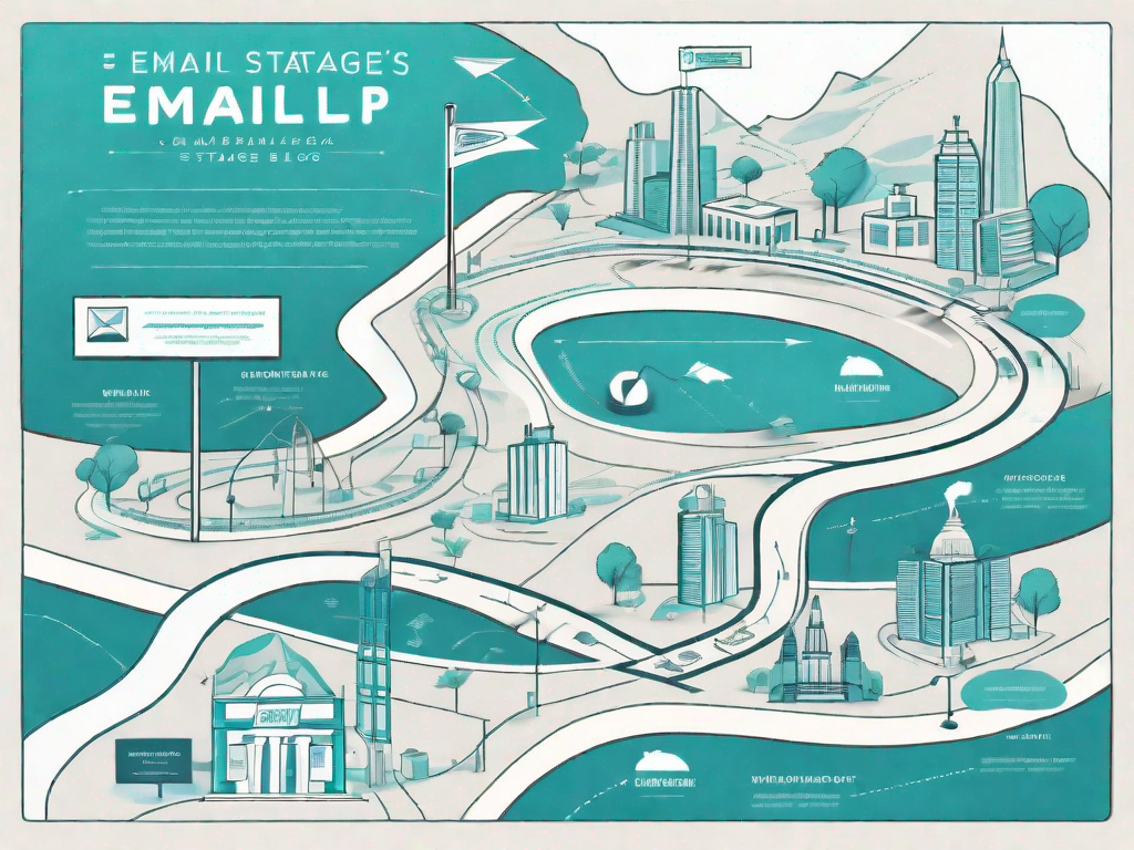 A map with various landmarks symbolizing different stages of an email campaign