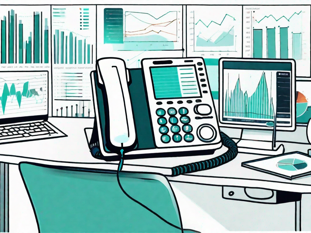 A telephone connected to a computer screen displaying various statistical graphs and charts