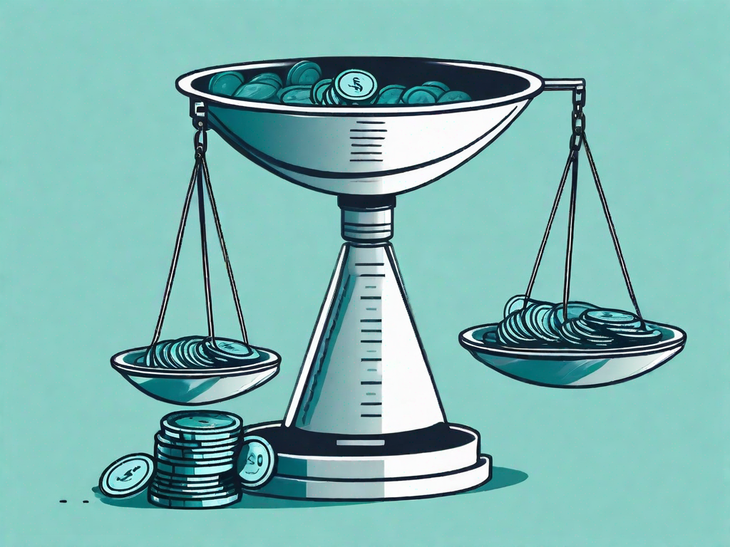 A scale balancing a lead funnel overflowing with leads on one side and a pile of coins on the other