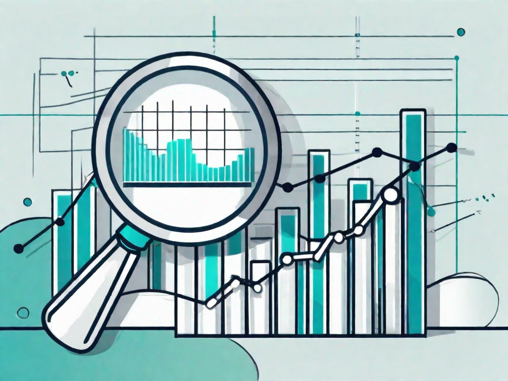 A magnifying glass focusing on a bar chart with upward-trending lines