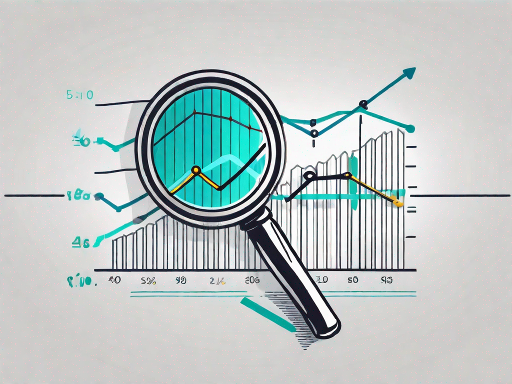 A magnifying glass focusing on a graph with upward trending lines and different colored markers