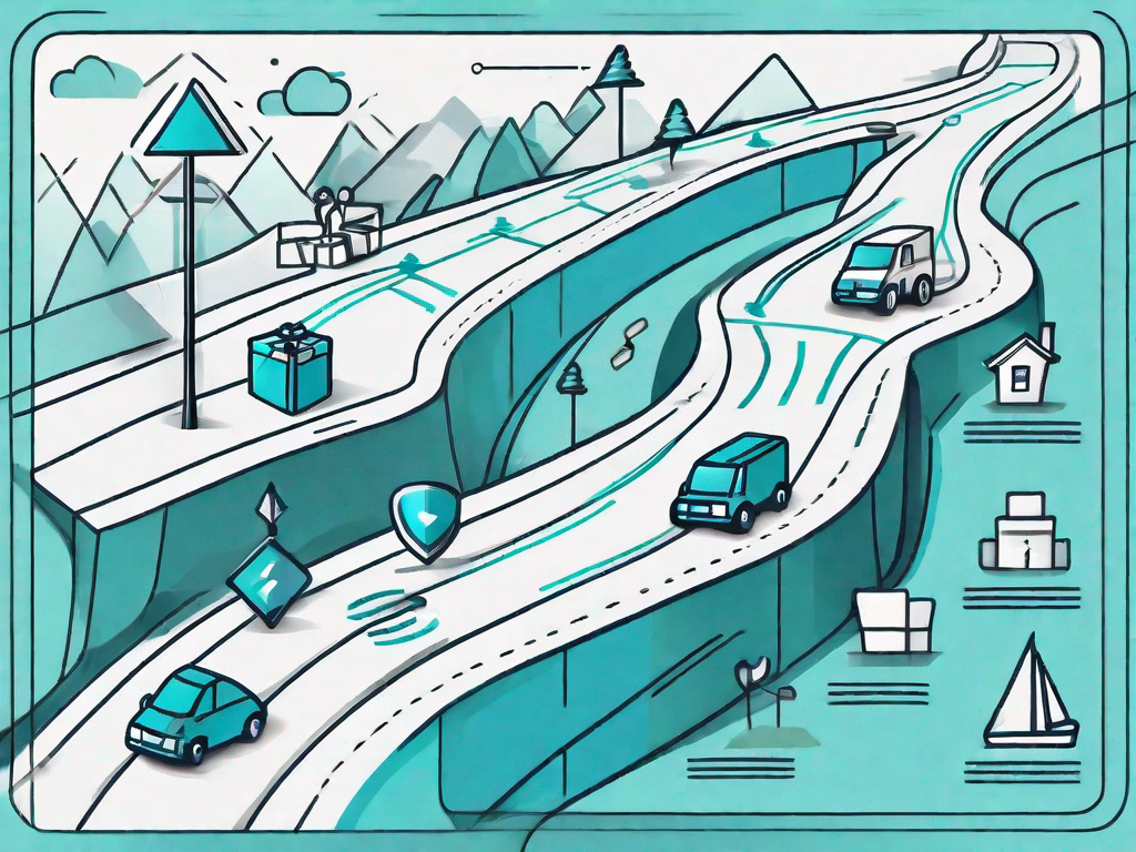 A roadmap with various icons symbolizing different stages of the customer journey