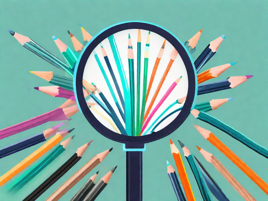 A magnifying glass focusing on a group of colorful leads (as in pencils) with a few of them glowing