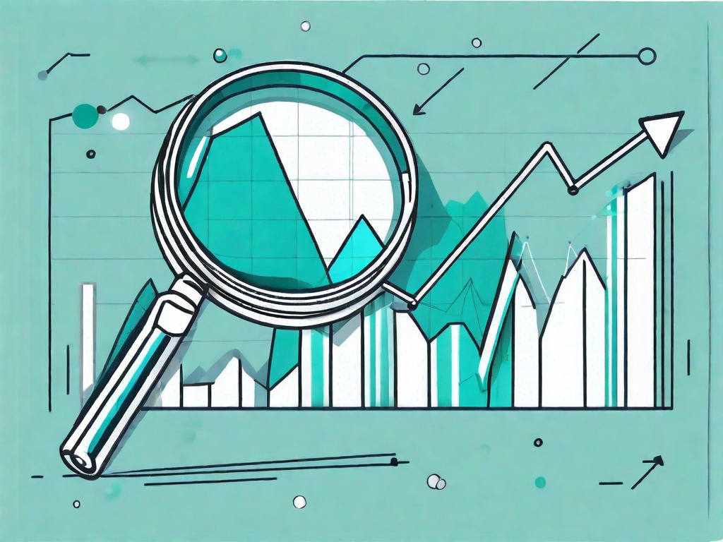 A magnifying glass focusing on a chart with rising trend lines and scattered data points