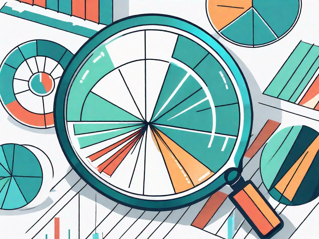 A magnifying glass over a pie chart and bar graphs