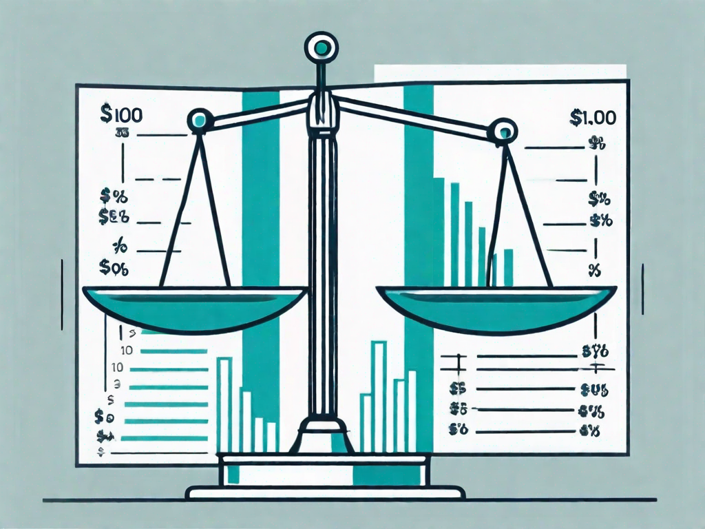 A balanced scale with dollar signs on one side and a chart or graph on the other