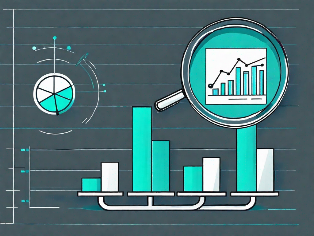 A magnifying glass hovering over a bar graph and a pie chart