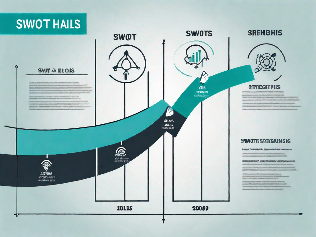 A sales chart with upward trends intersected by four quadrants representing the swot analysis elements: strengths