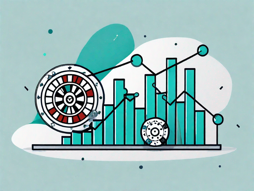 A bar graph depicting sales growth alongside a roulette wheel and dice