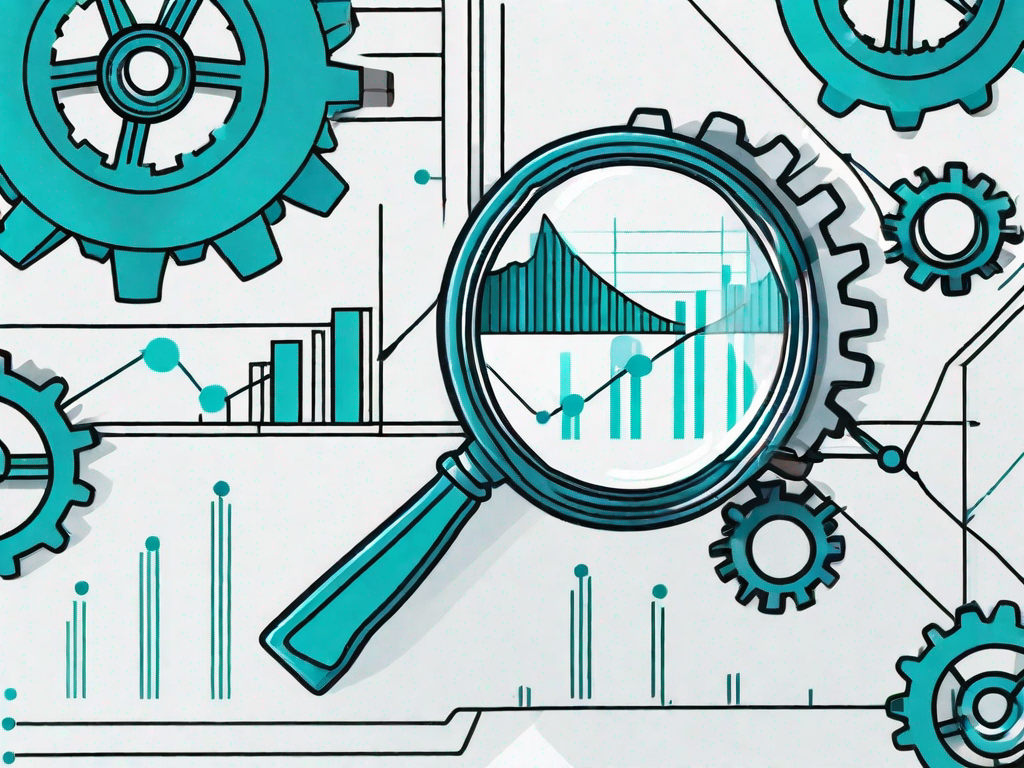 A magnifying glass focusing on a bar graph representing sales