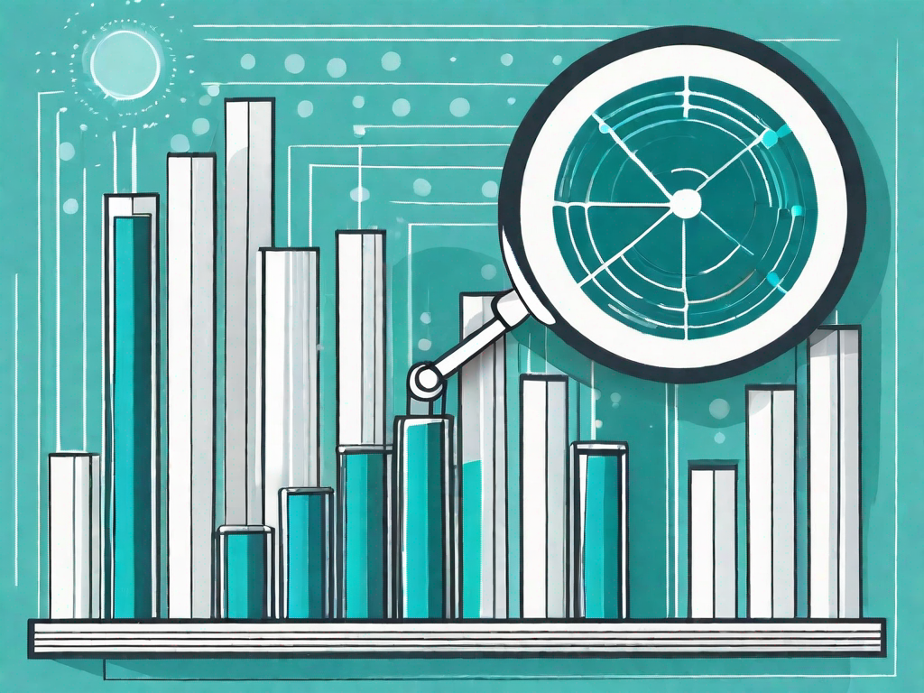 A magnifying glass focusing on a bar chart with rising sales figures