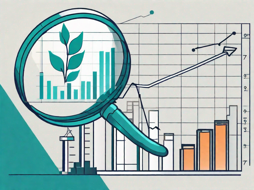 A magnifying glass hovering over a chart with symbols representing the pestle factors (a leaf for environmental