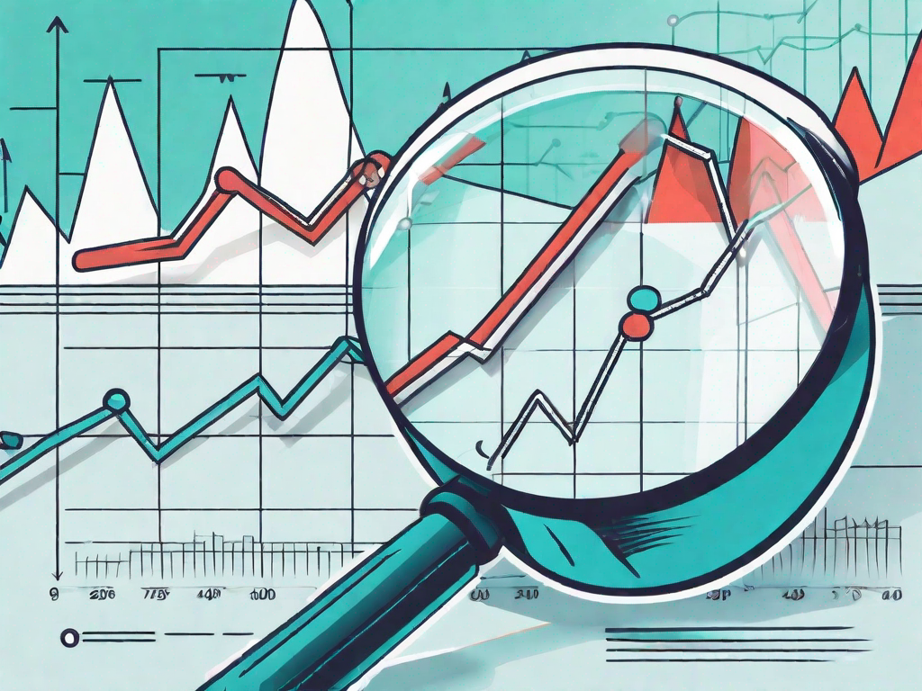 A sales graph with an upward trend being scrutinized under a magnifying glass