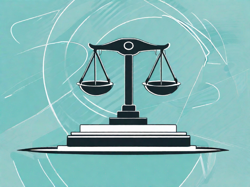 A set of scales balancing a gavel and a benchmarking symbol