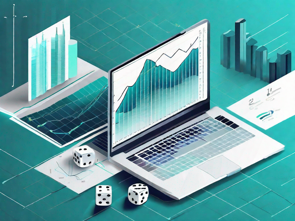 A pair of dice rolling on a table filled with graphs and charts