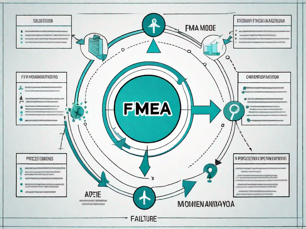 A flowchart or process diagram showing the steps of fmea (failure mode and effects analysis) with symbols representing potential objections and solutions