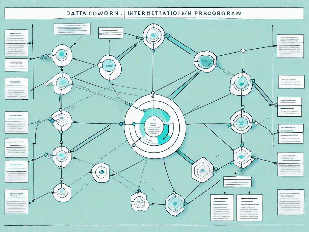 A data flow diagram with various interconnected nodes and arrows