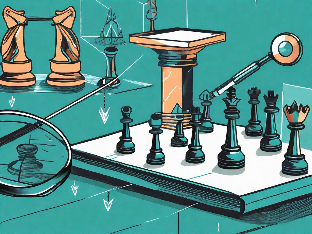 A magnifying glass focusing on a negotiation table with various symbolic elements like scales (for balance)