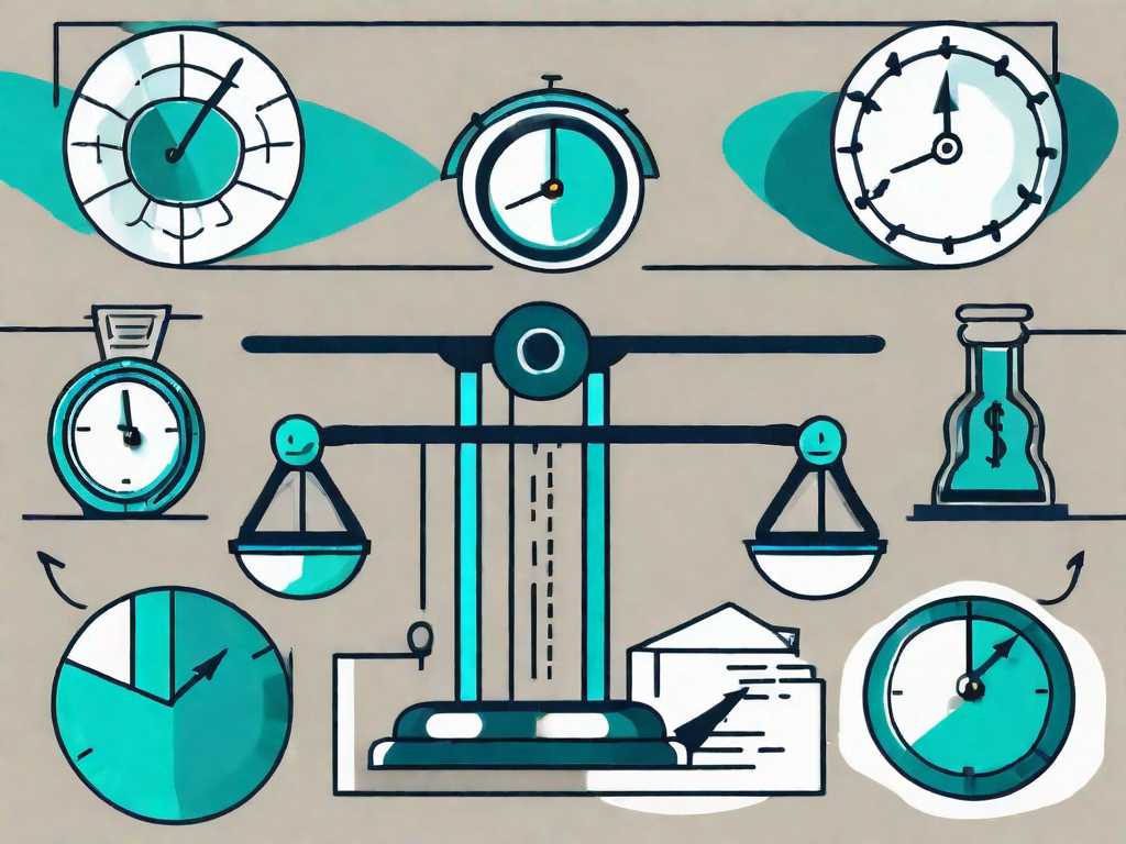 A balanced scale with various business-related icons like a dollar sign