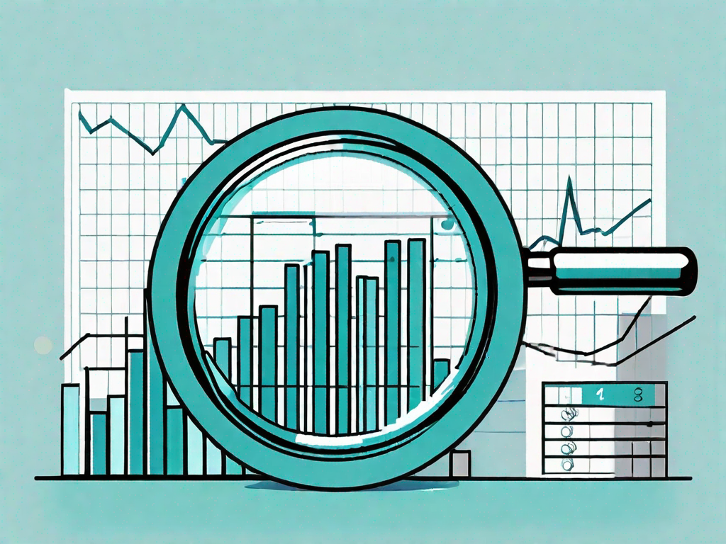 A magnifying glass hovering over a bar chart and a pie chart