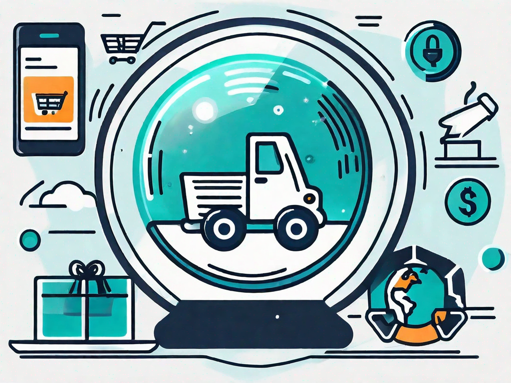 A crystal ball with various ecommerce icons like a shopping cart