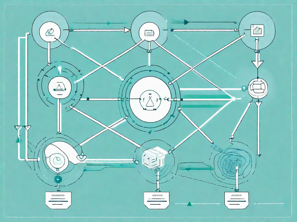 A data flow diagram with various interconnected nodes and arrows