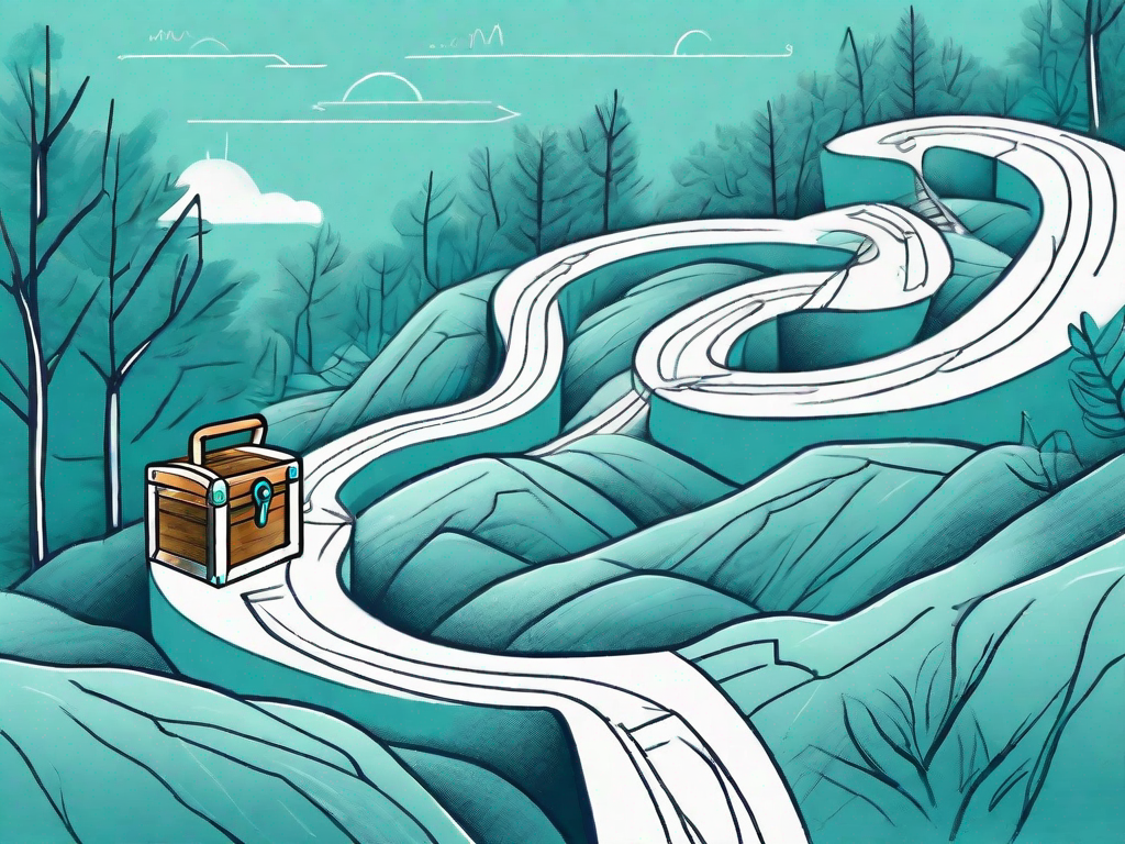 A winding path (representing the customer journey) leading to a treasure chest (representing improved referral requests)