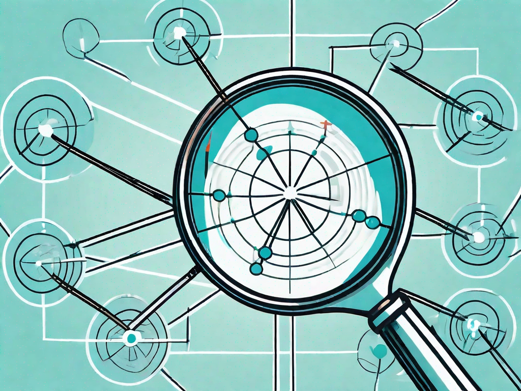 A magnifying glass focusing on a network of interconnected nodes