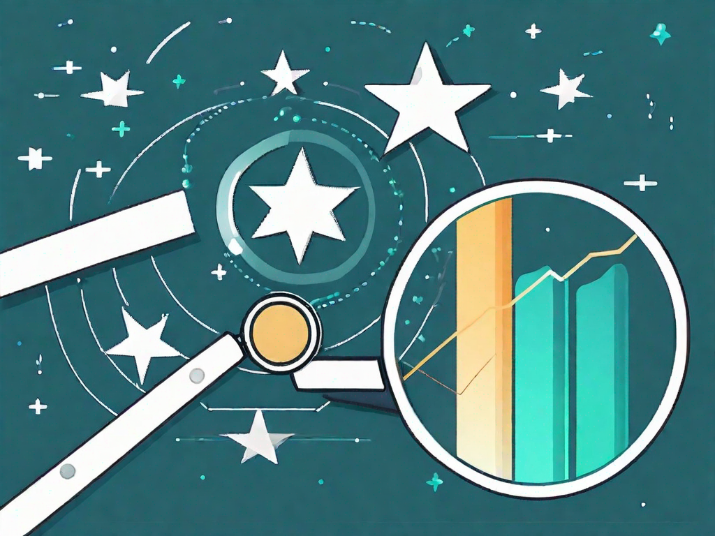 A magnifying glass over a collection of stars (representing ratings) and a chart in the background showing a positive trend