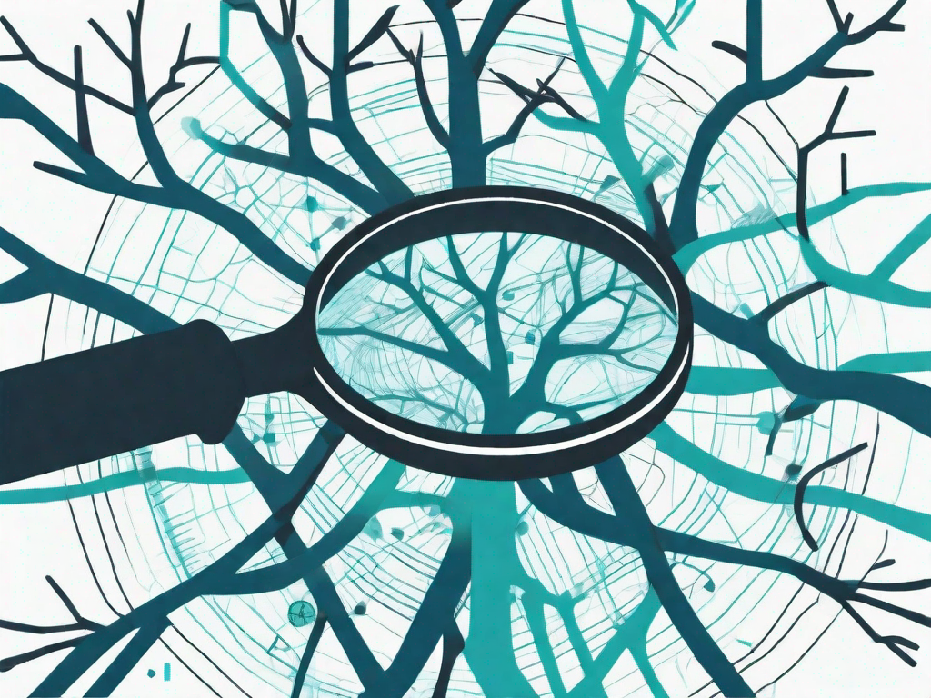 A magnifying glass focusing on a network of interconnected roots