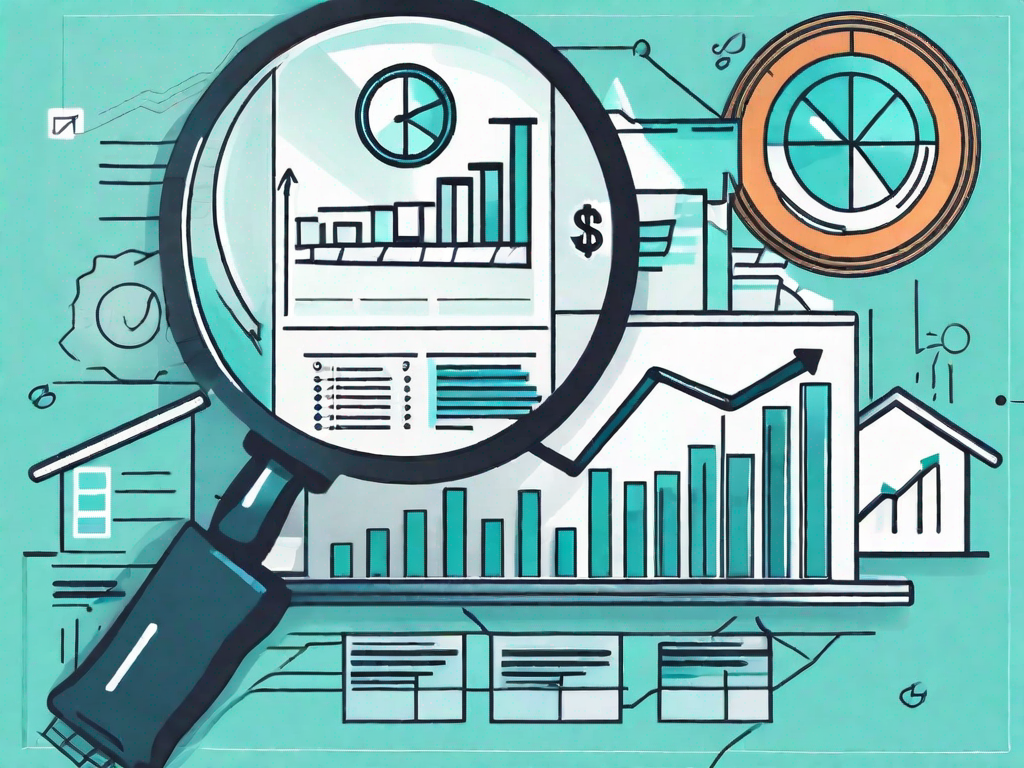 A magnifying glass hovering over a bar graph representing growth