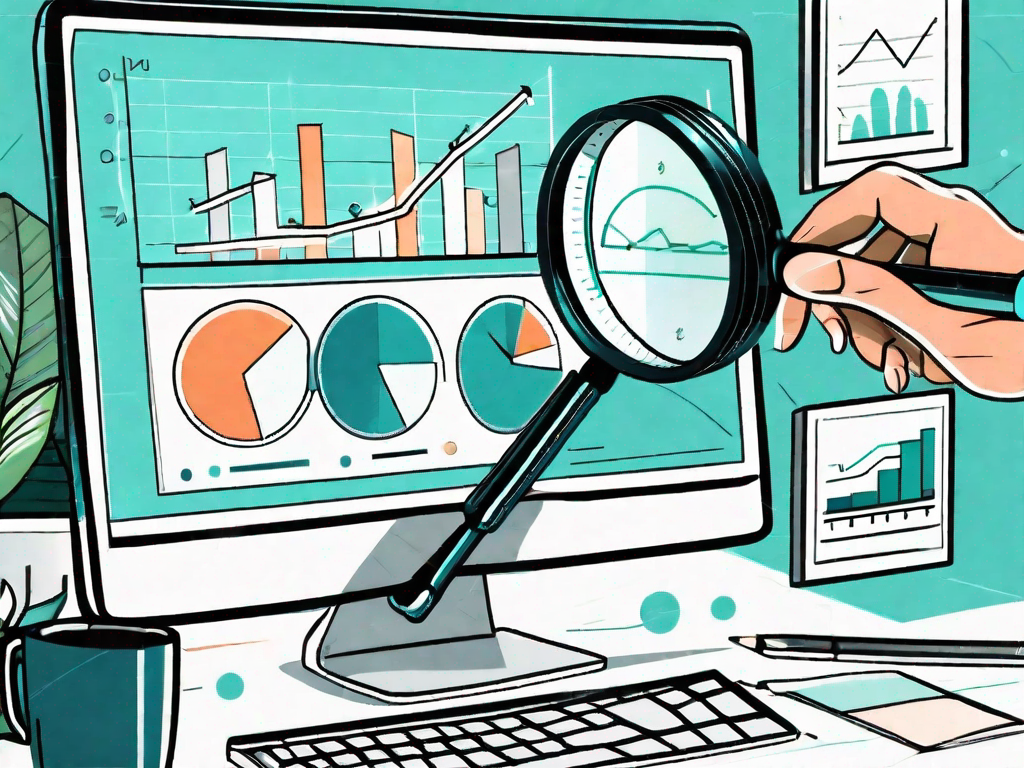 A magnifying glass hovering over a computer screen displaying graphs and charts