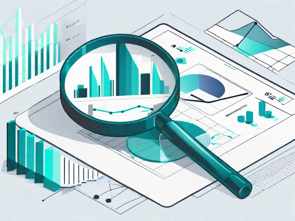 A magnifying glass focusing on a computer screen displaying charts and graphs