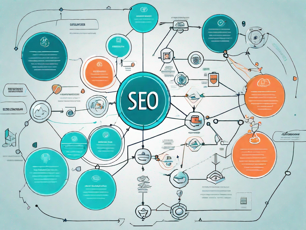 A data flow diagram with various seo-related elements such as keywords