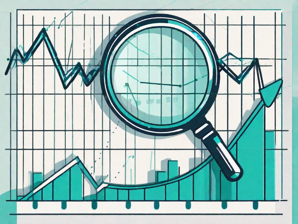 A magnifying glass hovering over a bar graph with upward trending lines