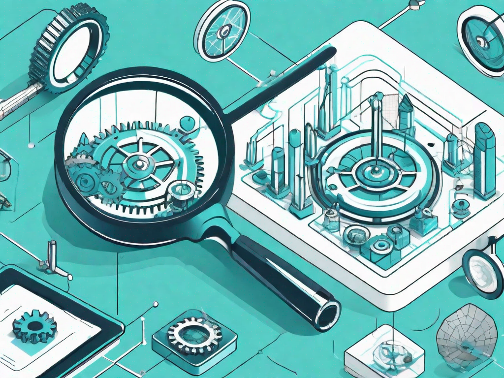 A magnifying glass focusing on a 3d model of a website structure