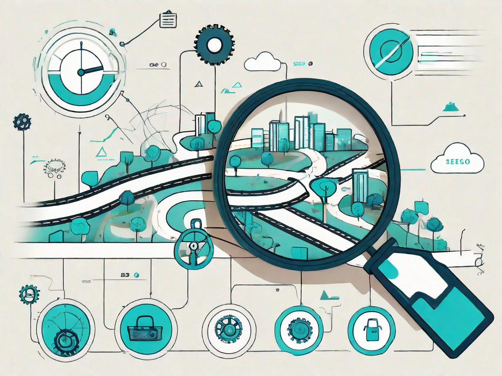 A road map with various seo-related icons like a magnifying glass