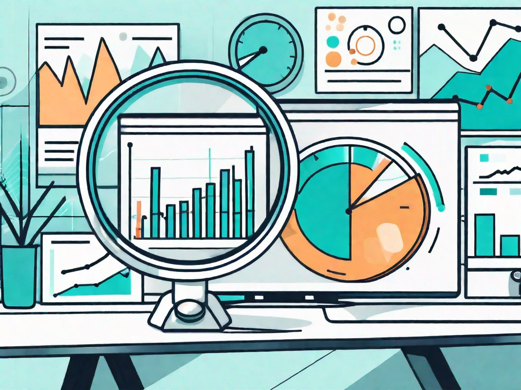 A magnifying glass hovering over a computer screen displaying a dashboard of graphs and charts