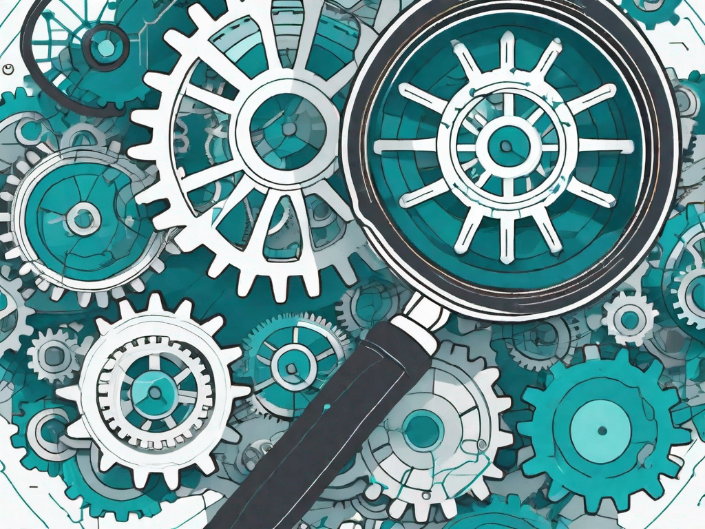 A magnifying glass highlighting a pathway made up of interconnected gears and cogs