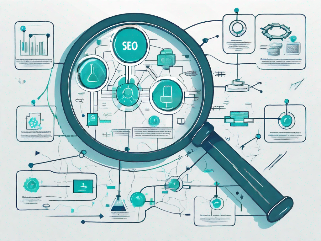 A magnifying glass hovering over a complex flowchart