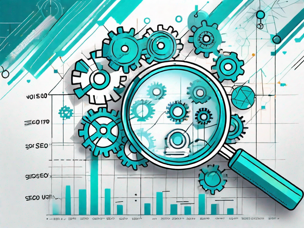 A magnifying glass hovering over a graph with trend lines and seo icons like a search bar