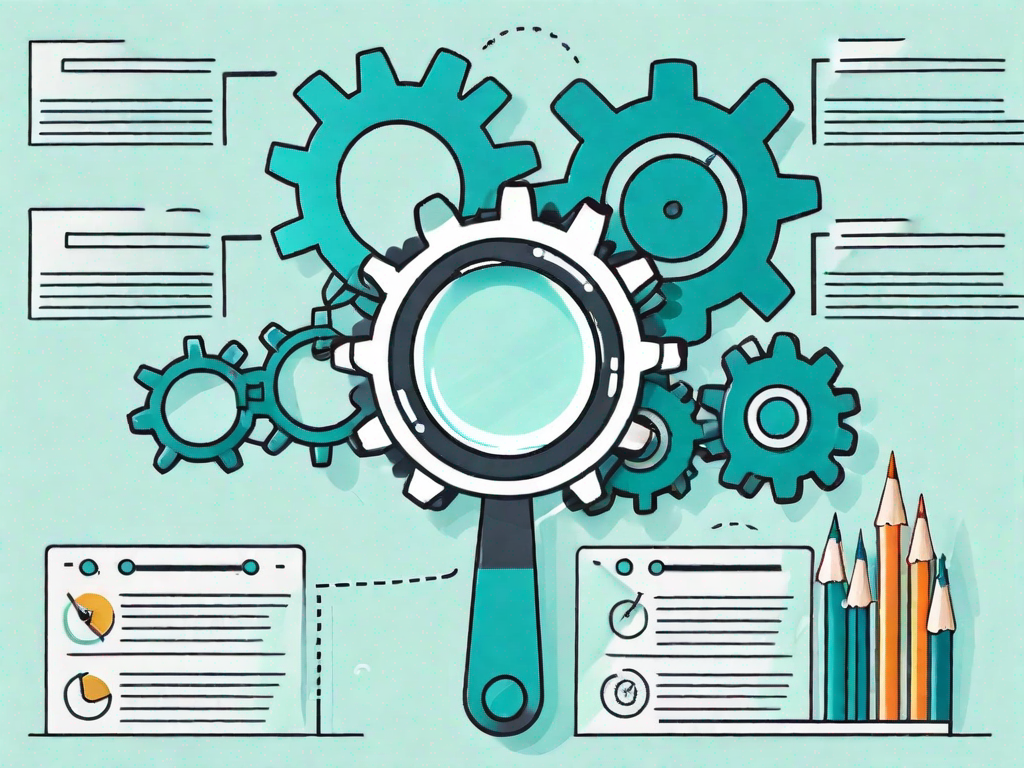 A magnifying glass focusing on a gear mechanism intertwined with seo symbols