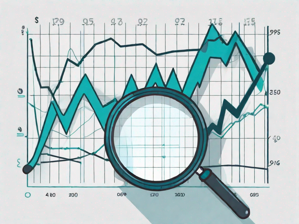 A magnifying glass scrutinizing a graph with ups and downs