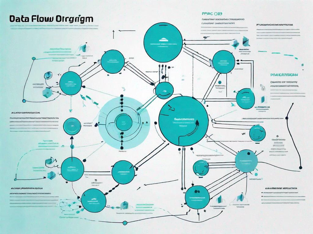 A data flow diagram with various interconnected nodes and arrows