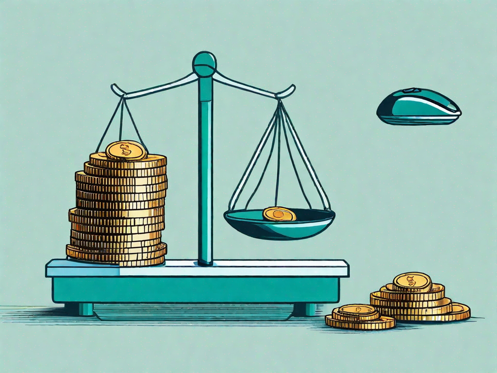 A scale balancing a pile of coins on one side and a computer mouse on the other