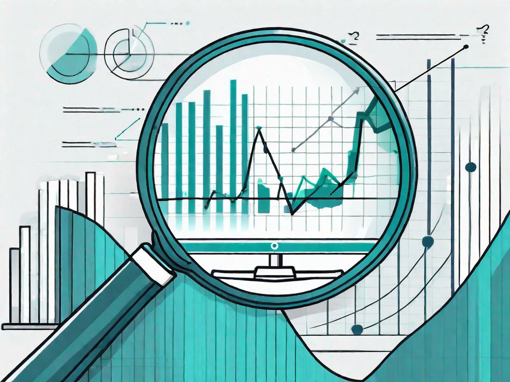 A magnifying glass focusing on a computer screen displaying a chart of increasing trends