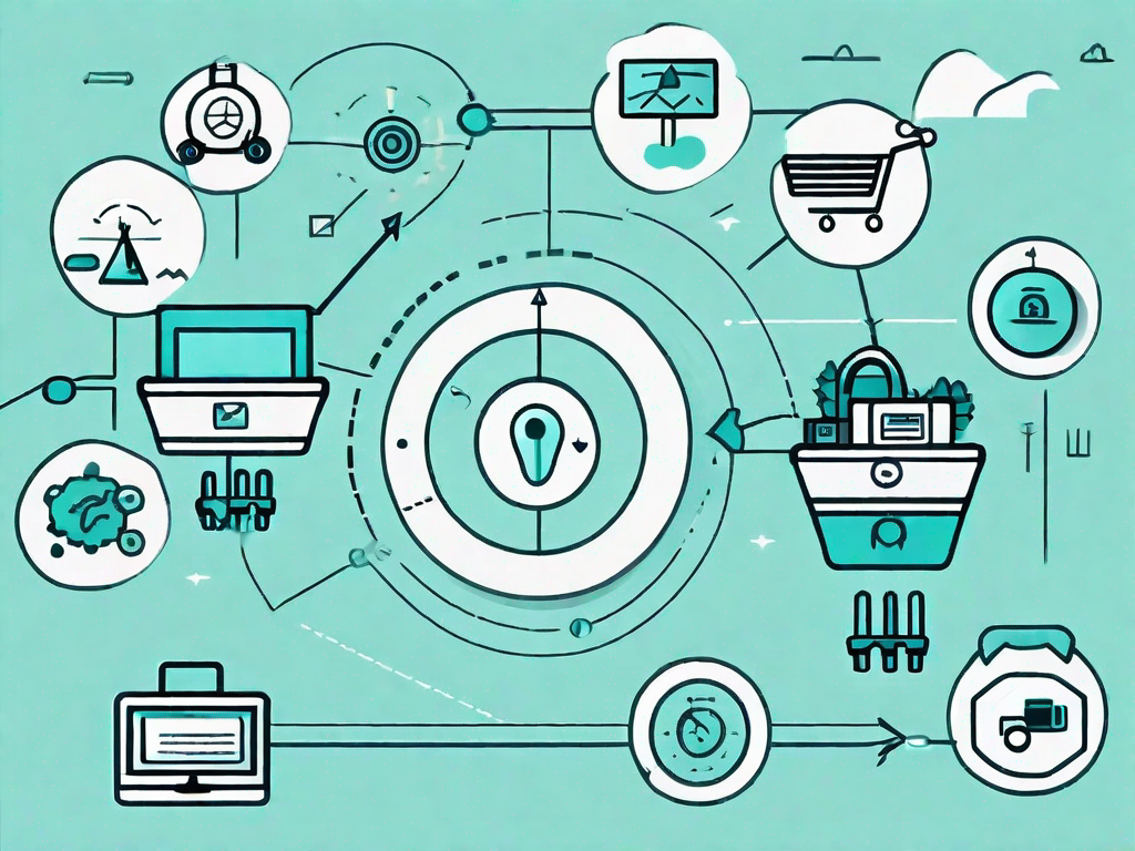 A roadmap with various marketing icons like shopping carts