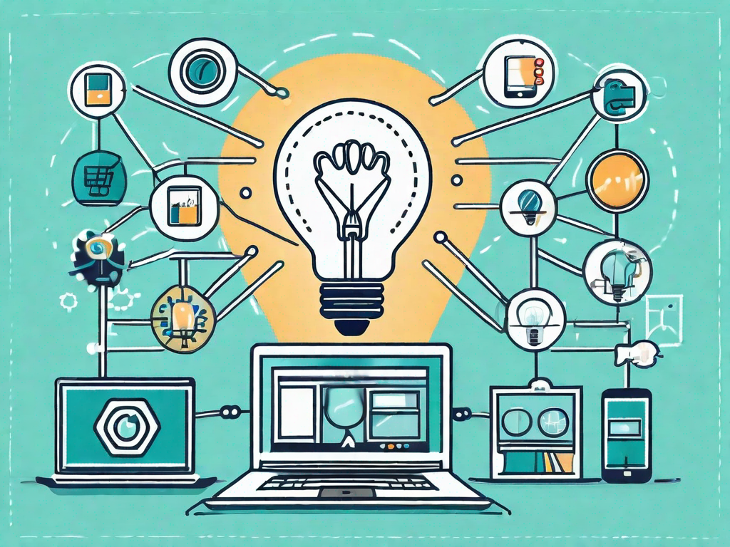 A lightbulb (symbolizing ideas) surrounded by various digital marketing icons (like a computer