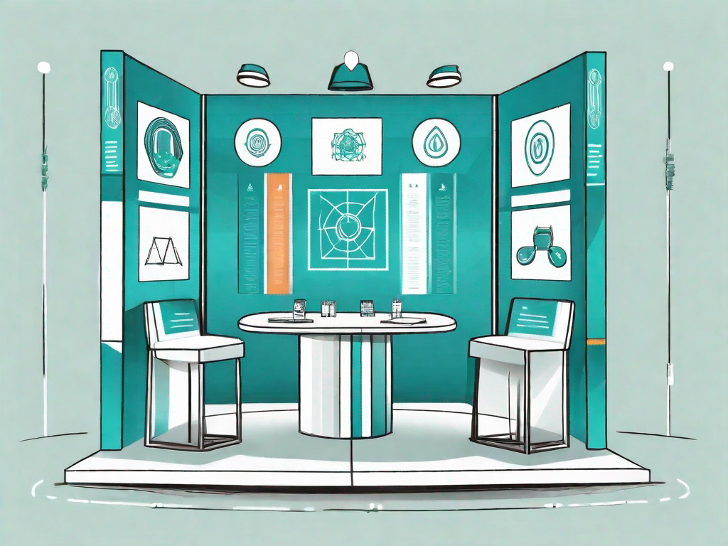 A trade show booth surrounded by four symbolic icons representing strengths